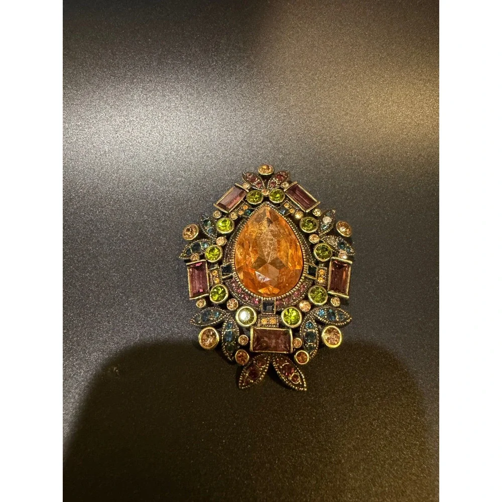 Heidi Daus Amber Crystal Statement Brooch Multi-Color Rhinestone Pendant Bronze